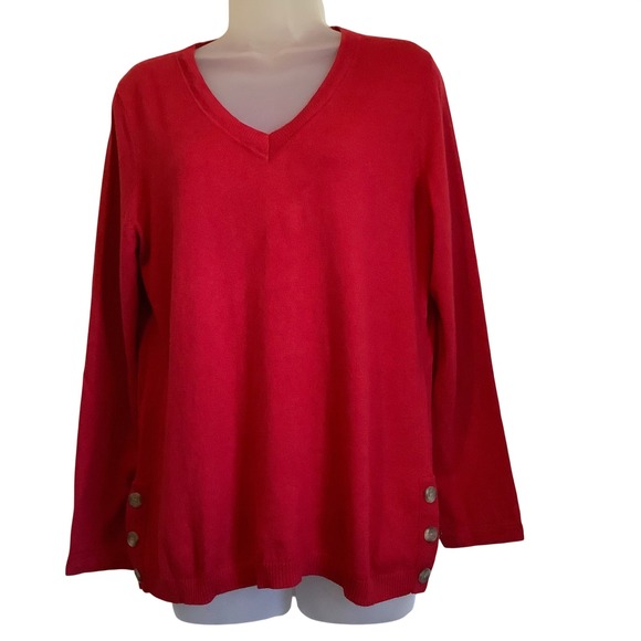 Talbots Sweaters - Talbots Petite Red V-Neck Sweater Button Side Detail Cotton Blend Size MP